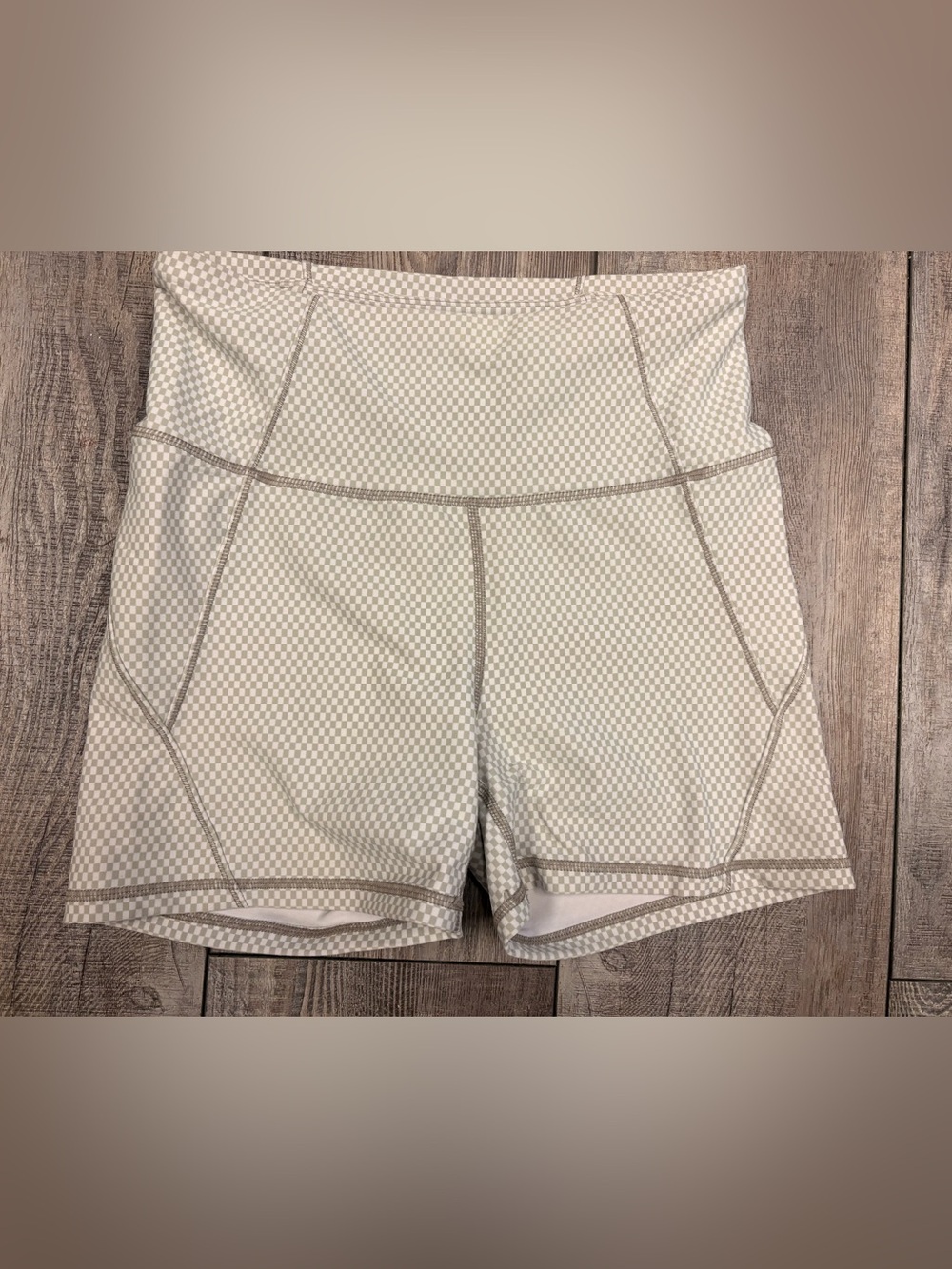 Cotton Womens Size MD On High-Rise Checkerboard Bike Shorts - Cream Green